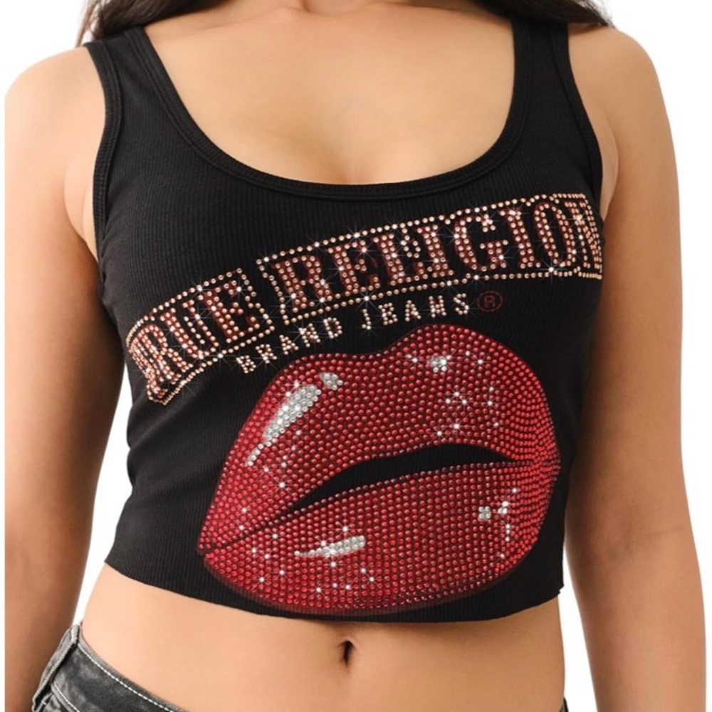 Women’s True Religion Crystal Lips raw hem tank top Sz xxl